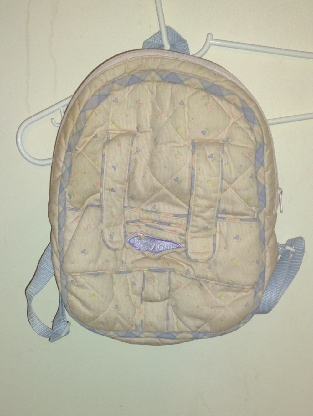 Bitty baby Quilted Mini Backpack in Cream with Light Blue Trim And Doll Carrier